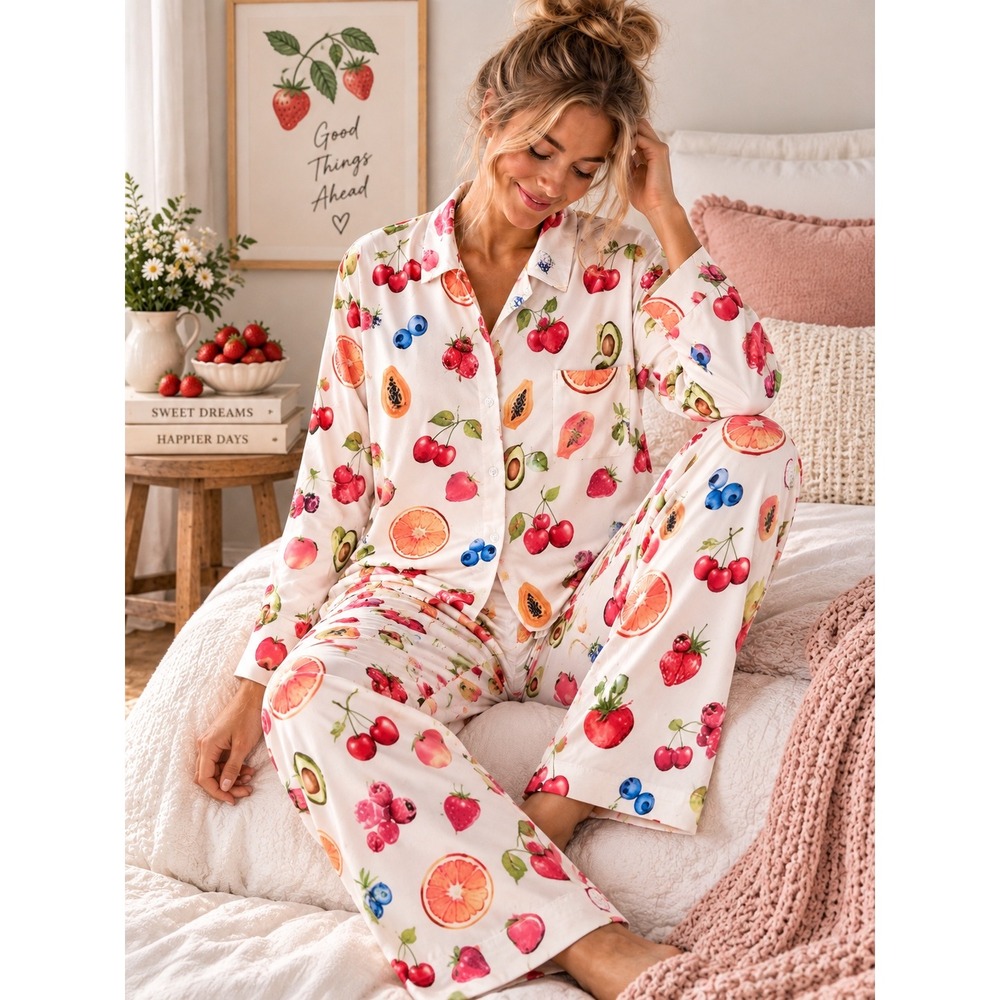Women's XL Fruit Print Pajama Set Button Down Top Shorts Lounge Sleepwear